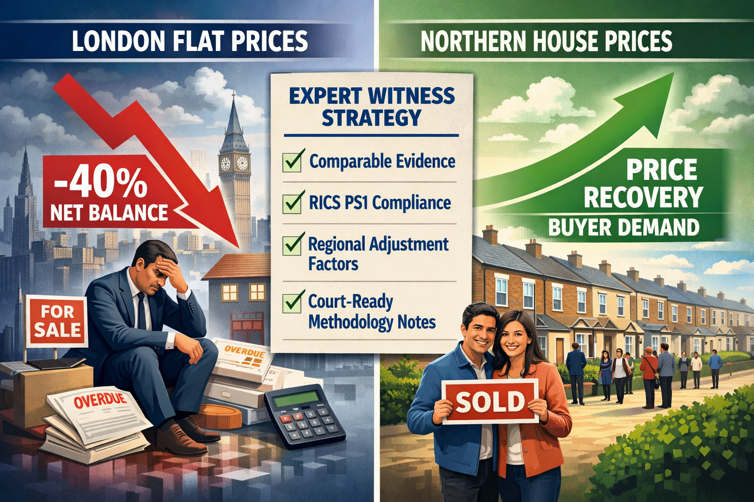 Dynamic split-composition infographic illustration showing two contrasting property scenarios side by side: left panel