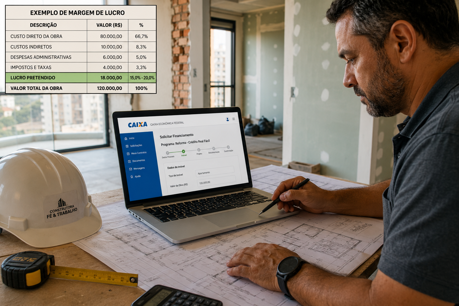 Close-up documentary-style photograph of a Brazilian contractor reviewing architectural retrofit blueprints at a job site
