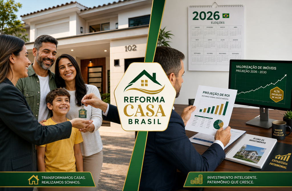 Split-composition image: left side shows a Brazilian family receiving keys to their newly renovated home, smiling, election