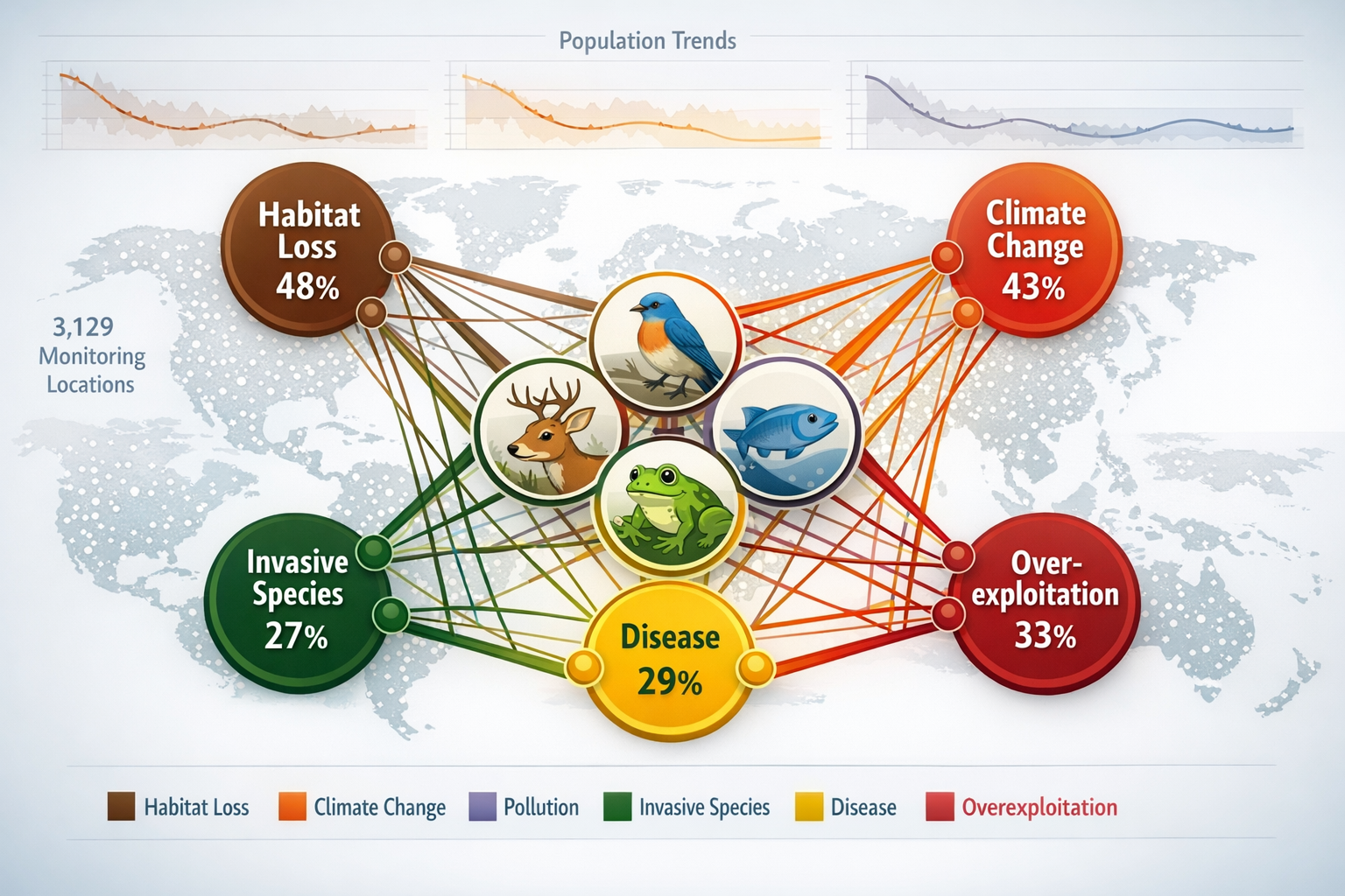 Detailed () illustration showing interconnected threat web diagram with central vertebrate species icons (bird, mammal,