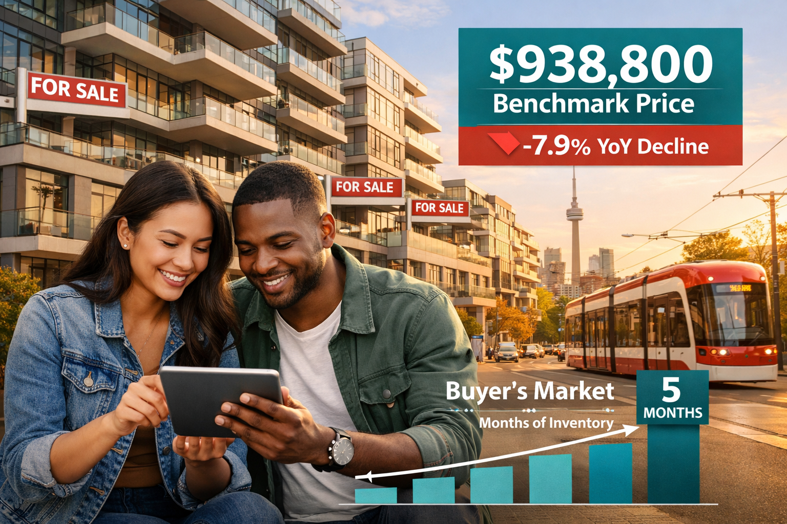 Wide-angle () showing a modern Toronto condo building exterior with 'FOR SALE' signs and a price tag graphic showing