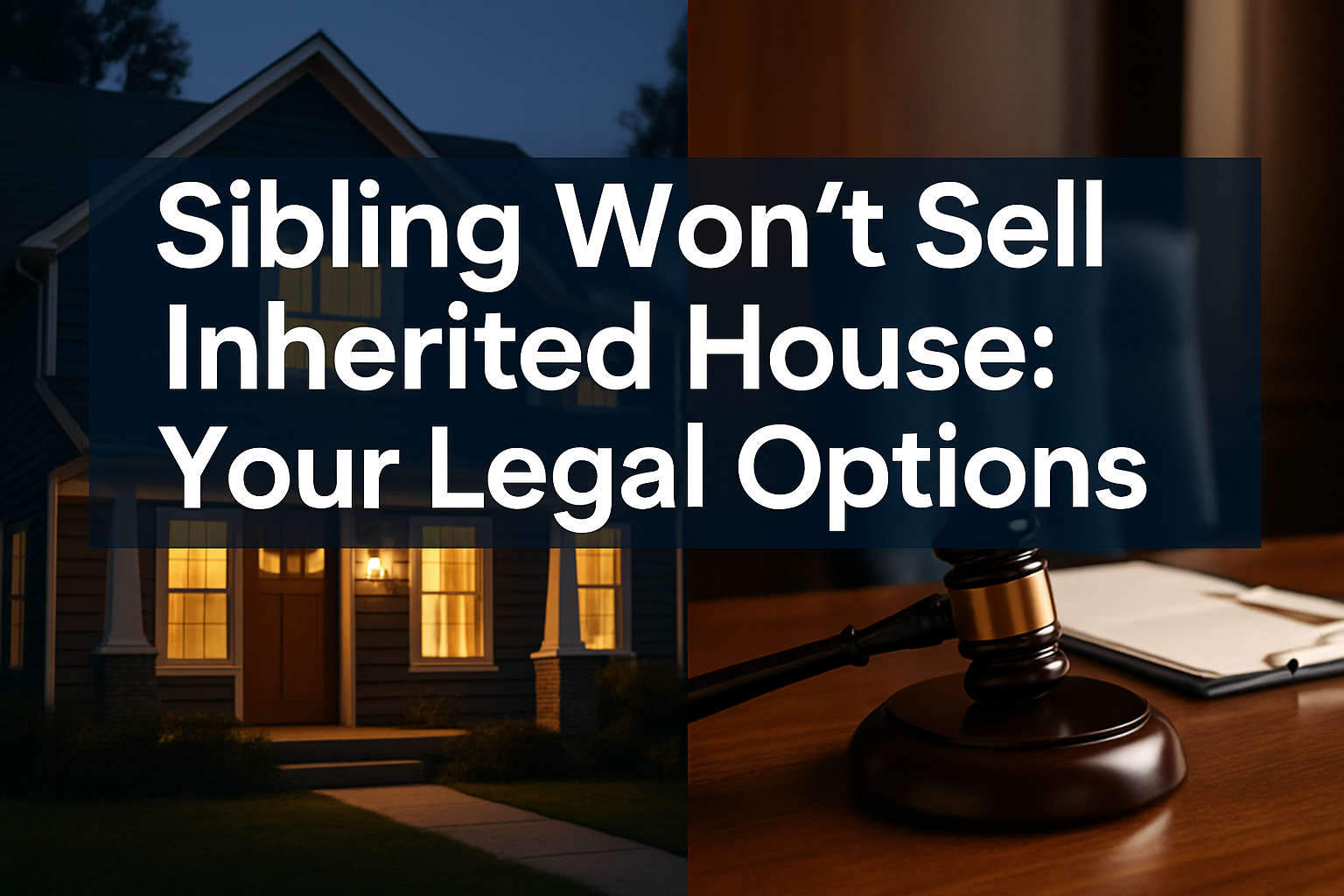 Professional landscape hero image (1536x1024) featuring bold text overlay 'Sibling Won't Sell Inherited House: Your Legal Options' in extra 