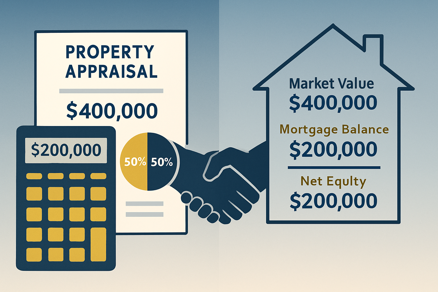Professional landscape illustration (1536x1024) depicting buyout negotiation concept with split-screen composition. Left side shows calculat