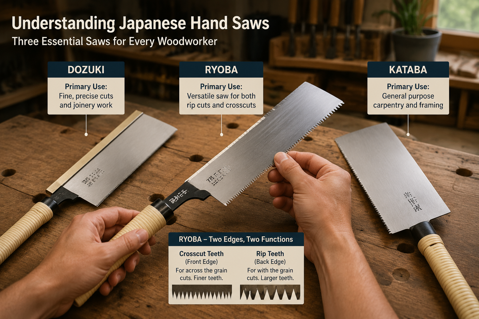 Detailed () image focusing on a close-up of different types of Japanese hand saws (dozuki, ryoba, kataba) laid out neatly on