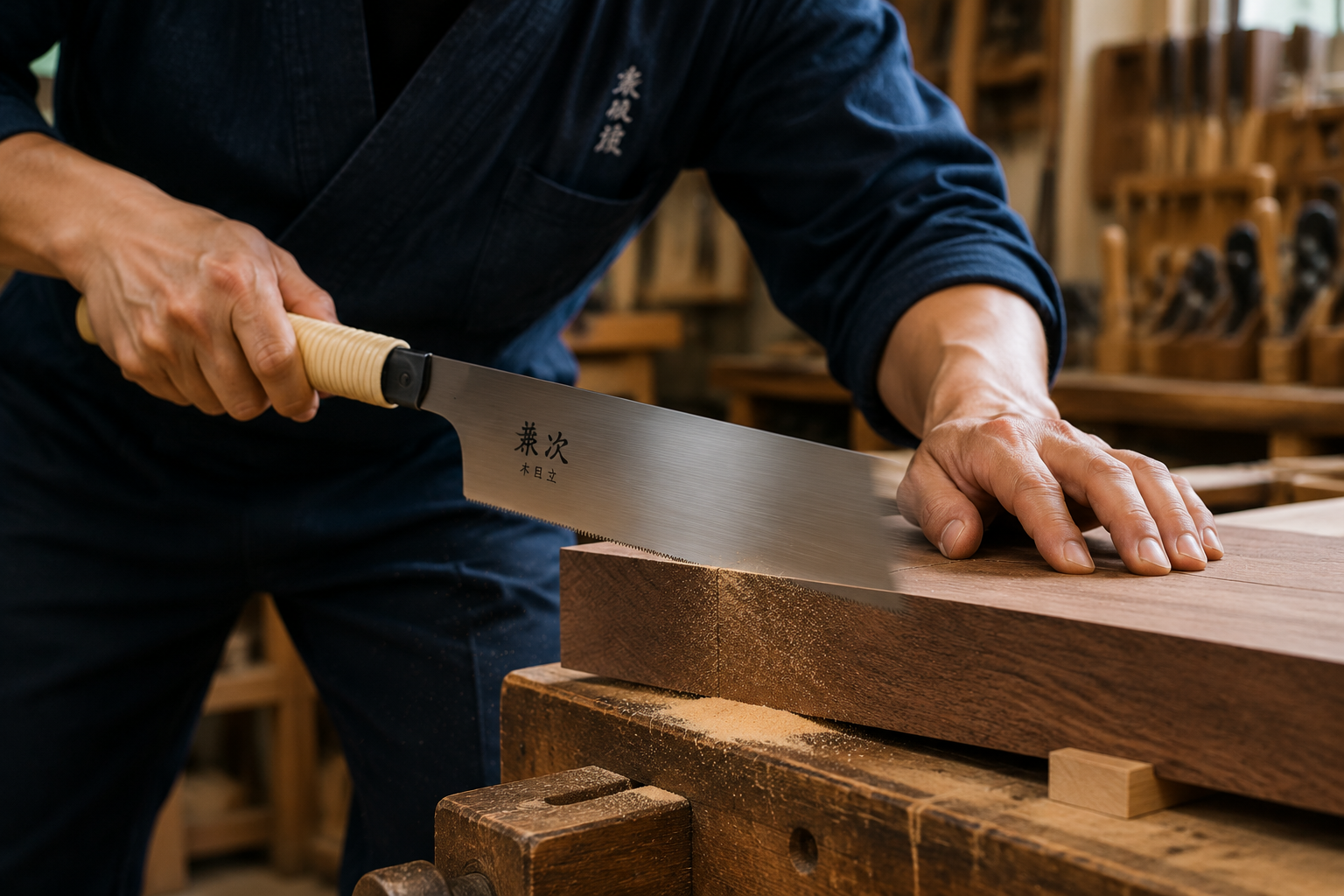 A dynamic () image showcasing a woodworker actively demonstrating the pull-stroke cutting technique with a Japanese hand saw