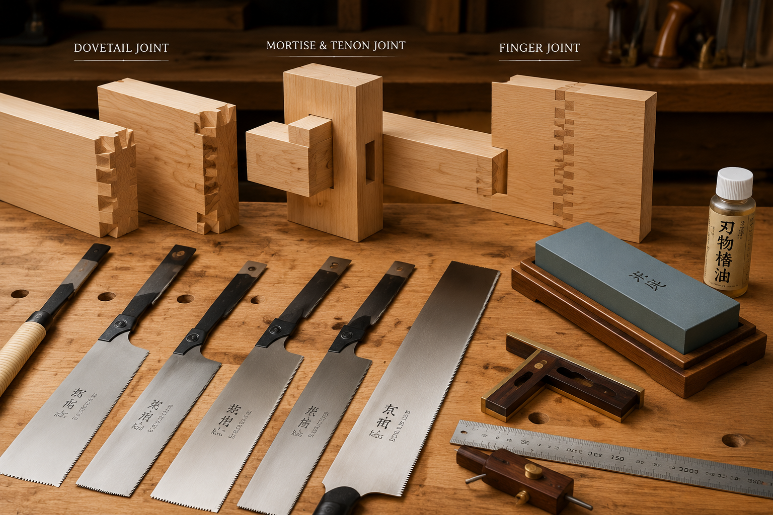 A () image displaying various woodworking joints (dovetail, mortise and tenon, finger joint) created with exceptional