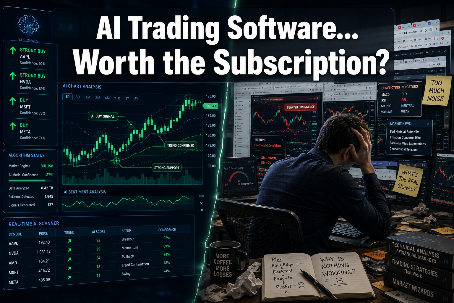 Professional () hero image with : 'AI Trading Software... Worth the Subscription?' in extra large white with dark drop ,