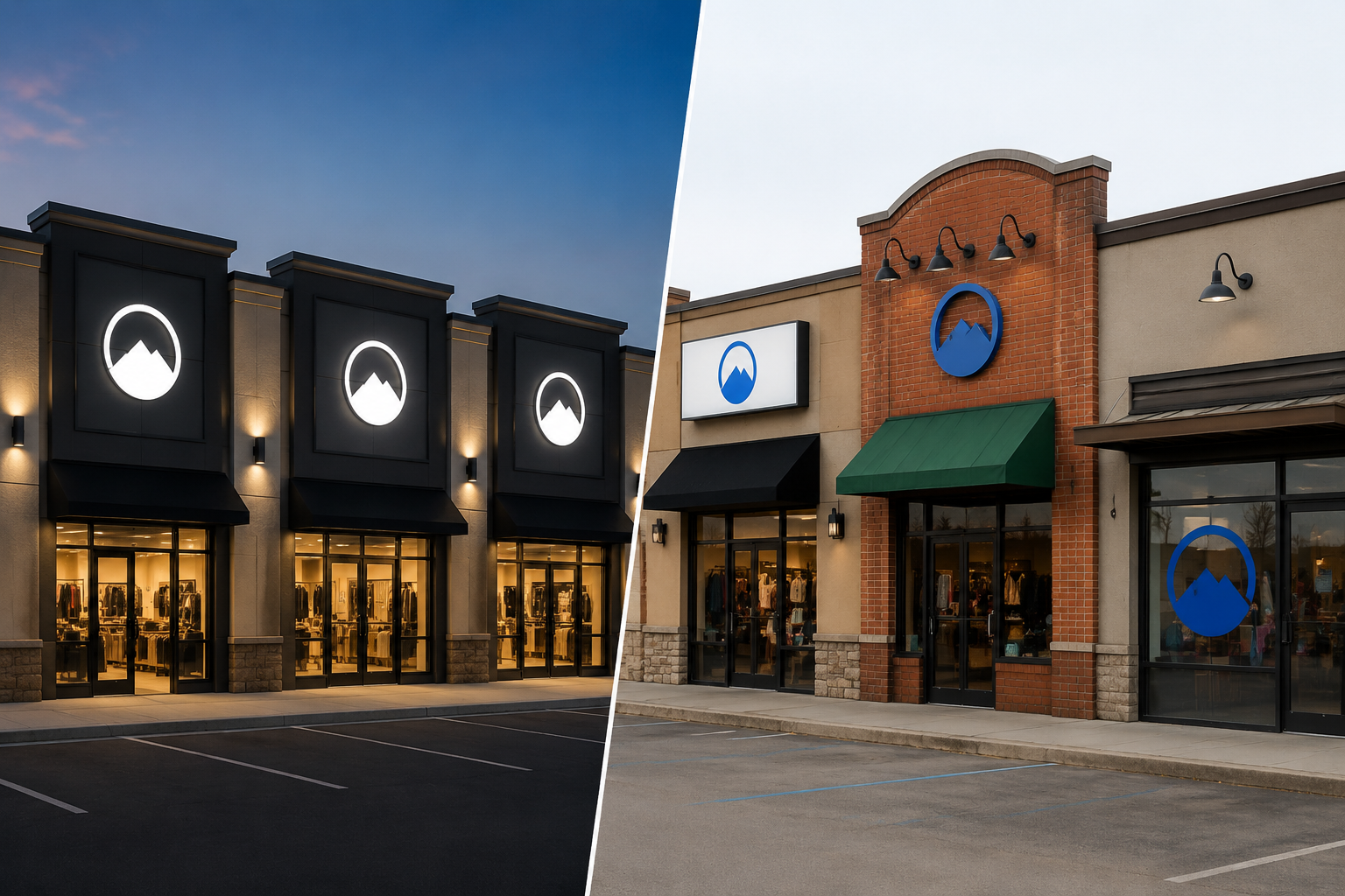 Side-by-side comparison of three matched storefront channel letter signs versus three mismatched storefronts using different sign types, materials, and placements