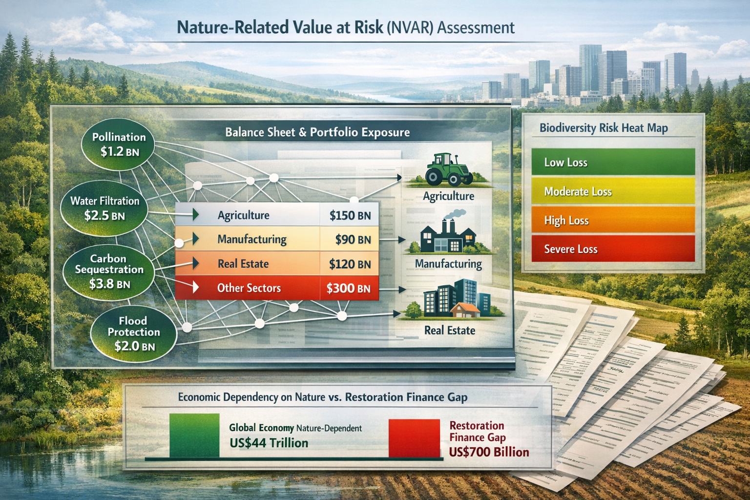 Detailed landscape format (1536x1024) financial risk visualization showing nature-related value at risk (NVAR) assessment framework. Central