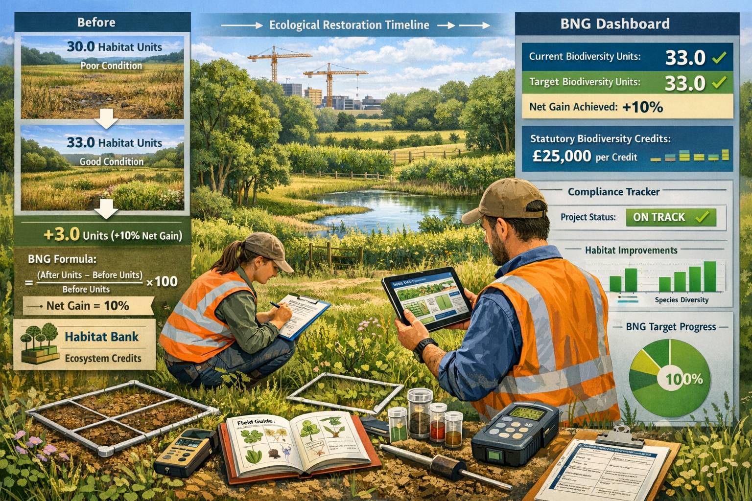 Detailed landscape format (1536x1024) composite image showing biodiversity net gain implementation and measurement protocols. Left third dis