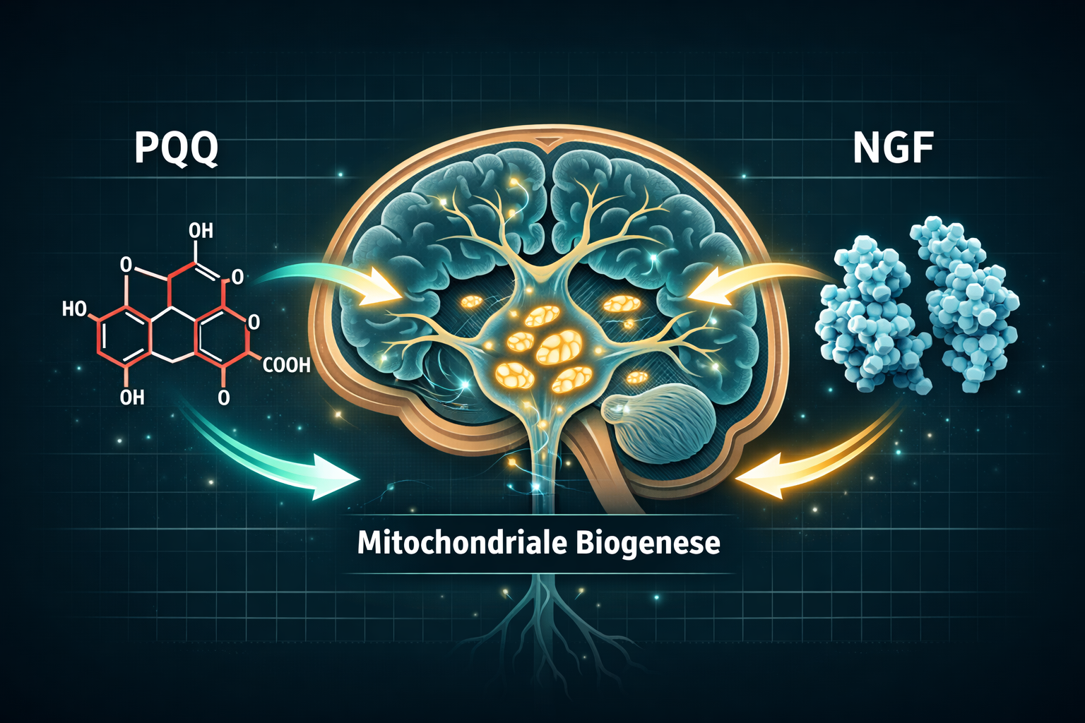 Detailed landscape format (1536x1024) scientific illustration showing PQQ molecule structure on the left connected via glowing arrows to NGF