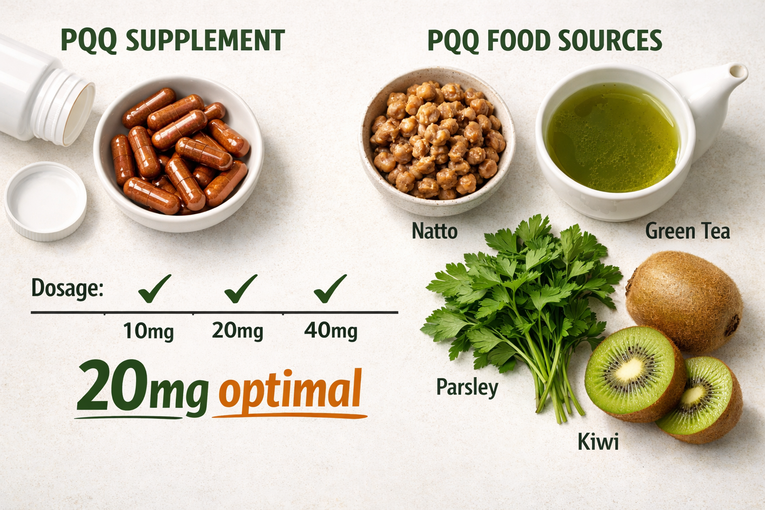 Detailed landscape format (1536x1024) comparison infographic showing PQQ supplement capsules alongside food sources like natto, green tea, p