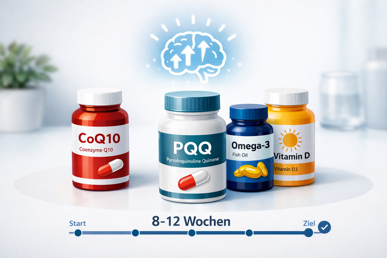 Detailed landscape format (1536x1024) conceptual illustration of a biohacking supplement stack showing PQQ capsule in the center surrounded