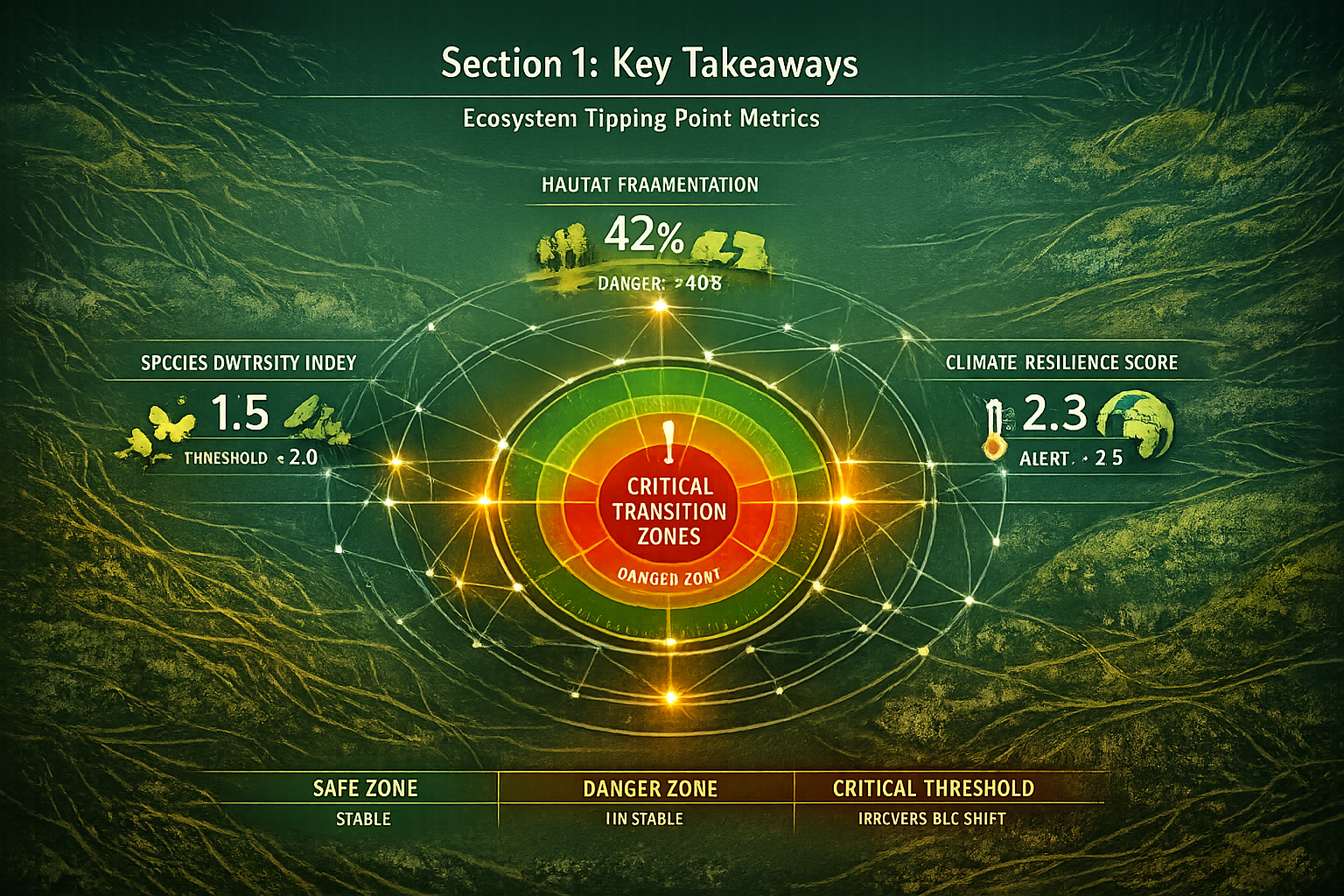 Section 1: Key Takeaways - Infographic visualization depicting interconnected ecosystem tipping point metrics, with central