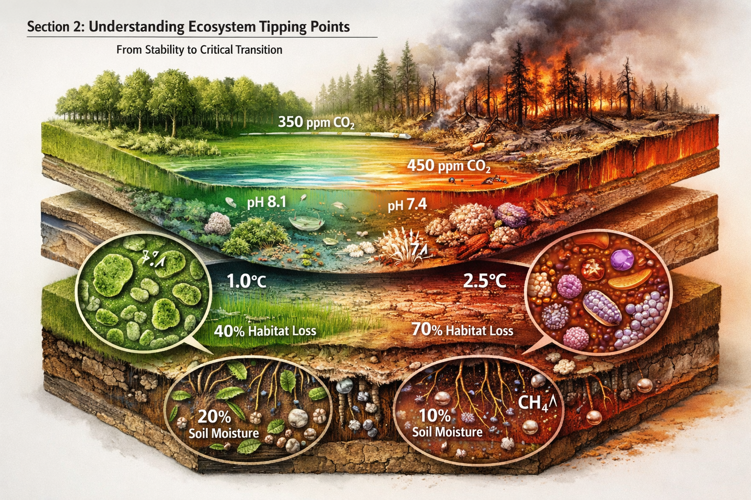 Section 2: Understanding Ecosystem Tipping Points - Dramatic scientific illustration showing layered cross-sectional