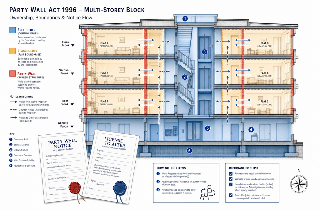 Detailed () illustration showing a layered diagram of a multi-storey block of flats with color-coded ownership zones: