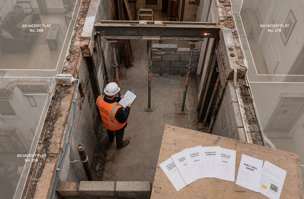 () showing a top-down overhead view of a flat floor plan with a structural opening being formed, RSJ steel beam suspended by