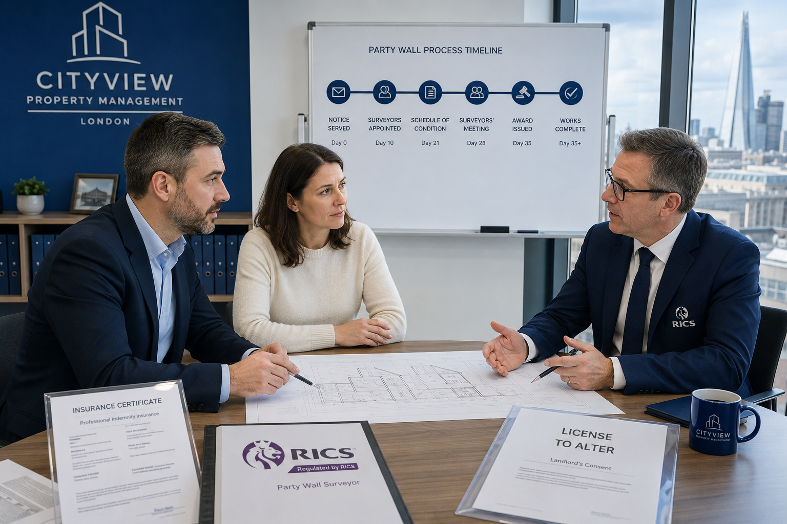 () depicting a formal meeting scene in a modern London property management office: a building management representative, a