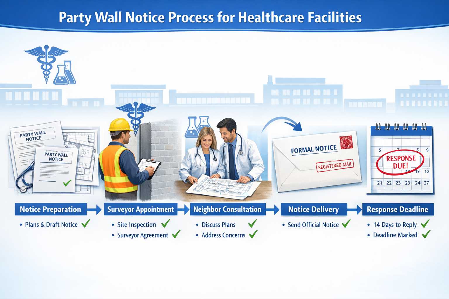 Detailed landscape format (1536x1024) image showing step-by-step party wall notice process for healthcare facilities. Visual timeline infogr