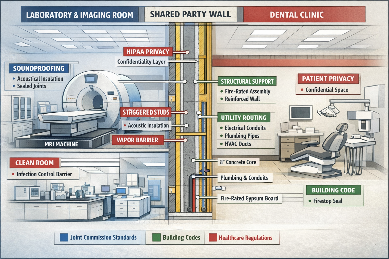 Comprehensive landscape format (1536x1024) illustration depicting healthcare-specific party wall considerations for sensitive medical enviro