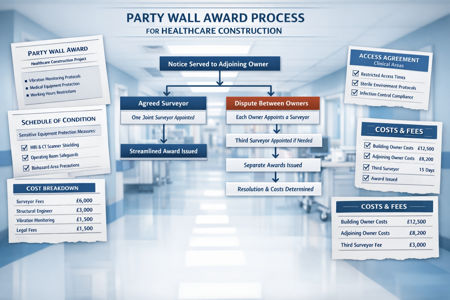 Detailed landscape format (1536x1024) visual guide showing party wall award documentation and dispute resolution process specific to healthc