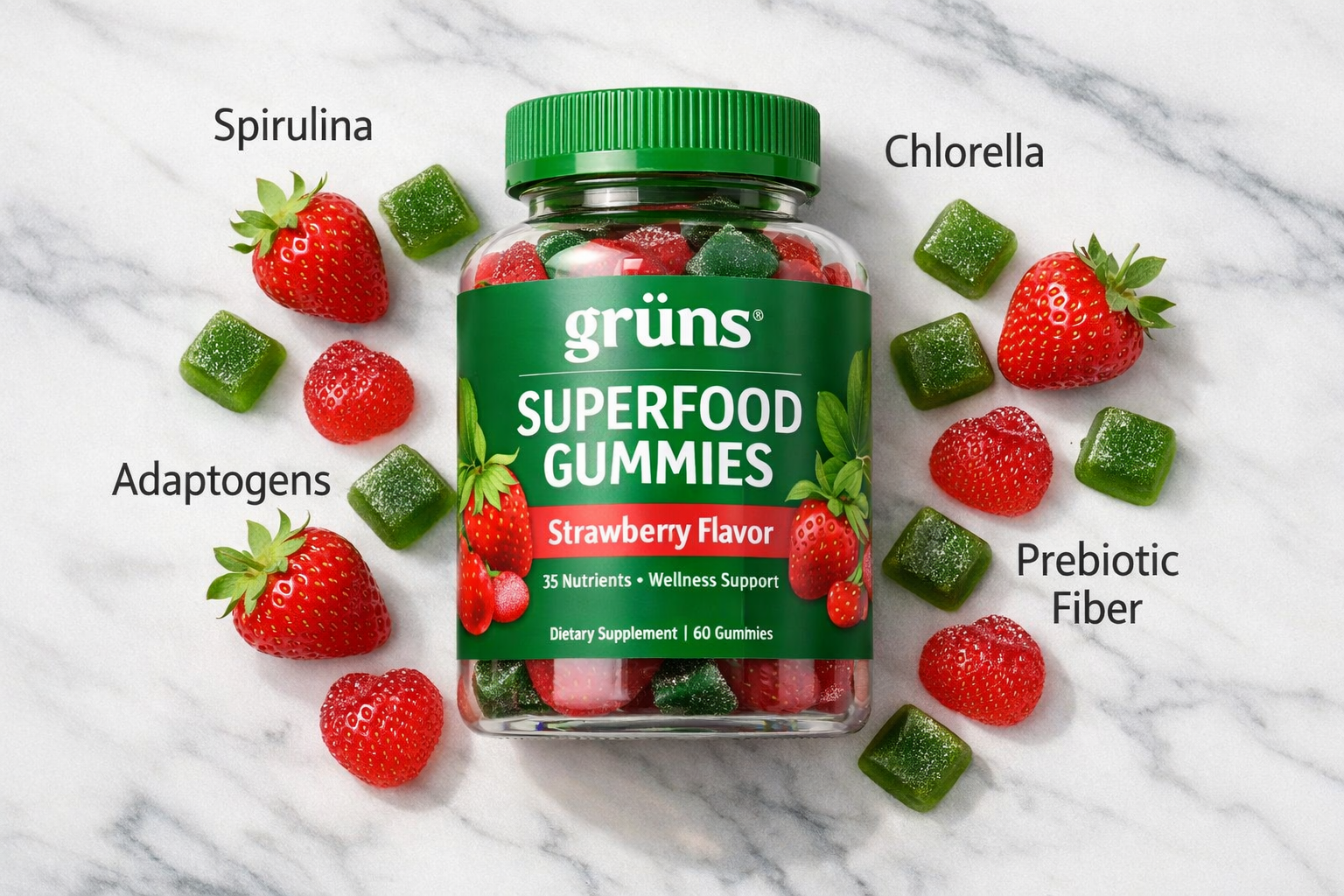 Detailed showcase of Gruns Superfood Gummies product bottle with label clearly visible, surrounded by individual strawberry and sweet green gummies arranged artfully on a white marble surface, with ingredient callouts like spirulina, chlorella, adaptogens, and prebiotic fiber floating beside the bottle in clean sans-serif text