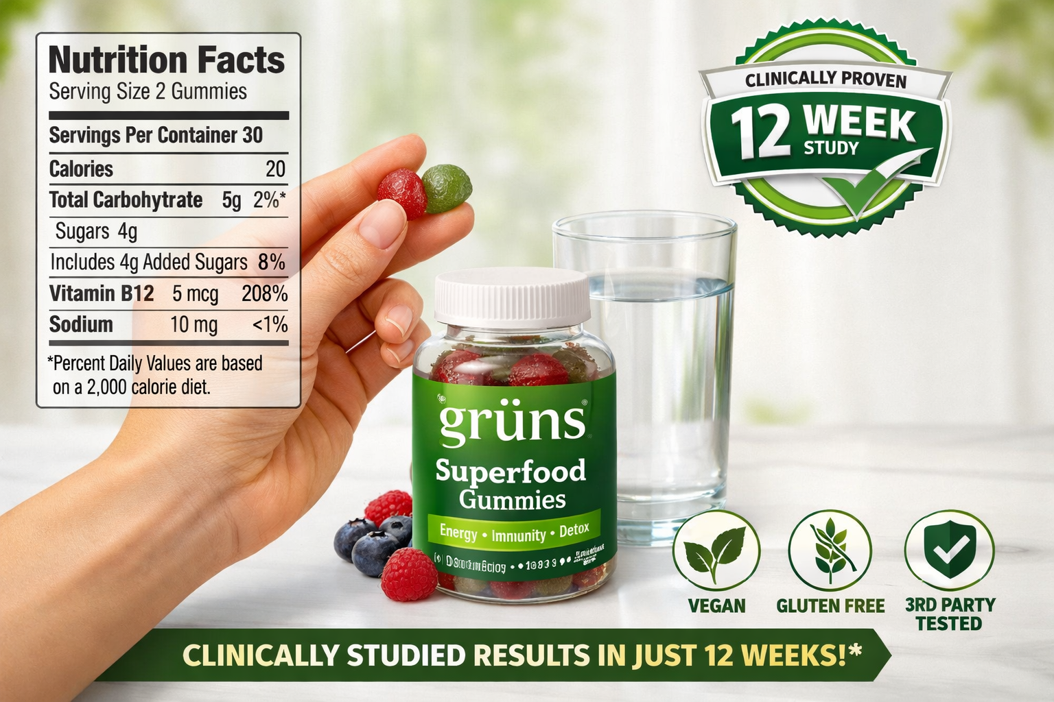 Detailed showcase of Gruns Superfood Gummies highlighting key features in action — a hand holding two colorful Grüns gummies near a glass of water, with a nutrition facts panel, a 12-week clinical study badge, and icons for vegan, gluten-free, and third-party tested certifications arranged around the product in an infographic editorial layout