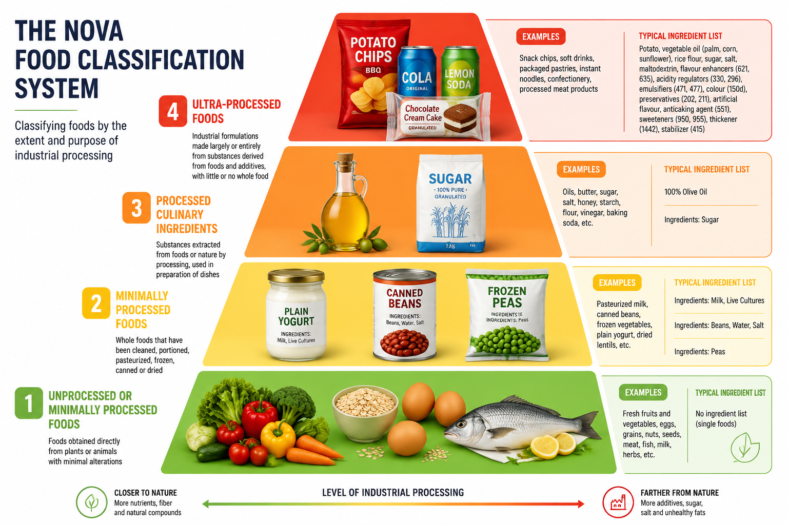Detailed () scientific illustration showing the NOVA food classification system as a four-tier visual pyramid. Tier 1 at