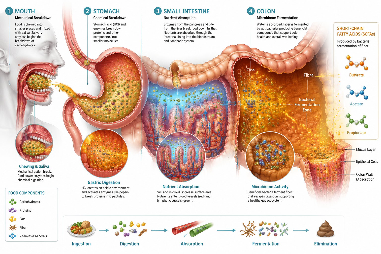 Detailed () cross-section anatomical diagram of the human digestive tract from mouth to colon, rendered in clean medical