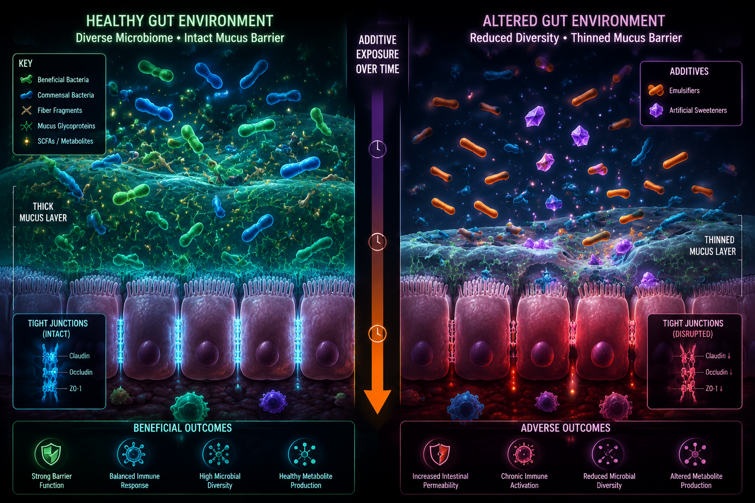 Detailed () side-by-side comparison infographic showing emulsifier and sweetener molecules interacting with gut microbiome