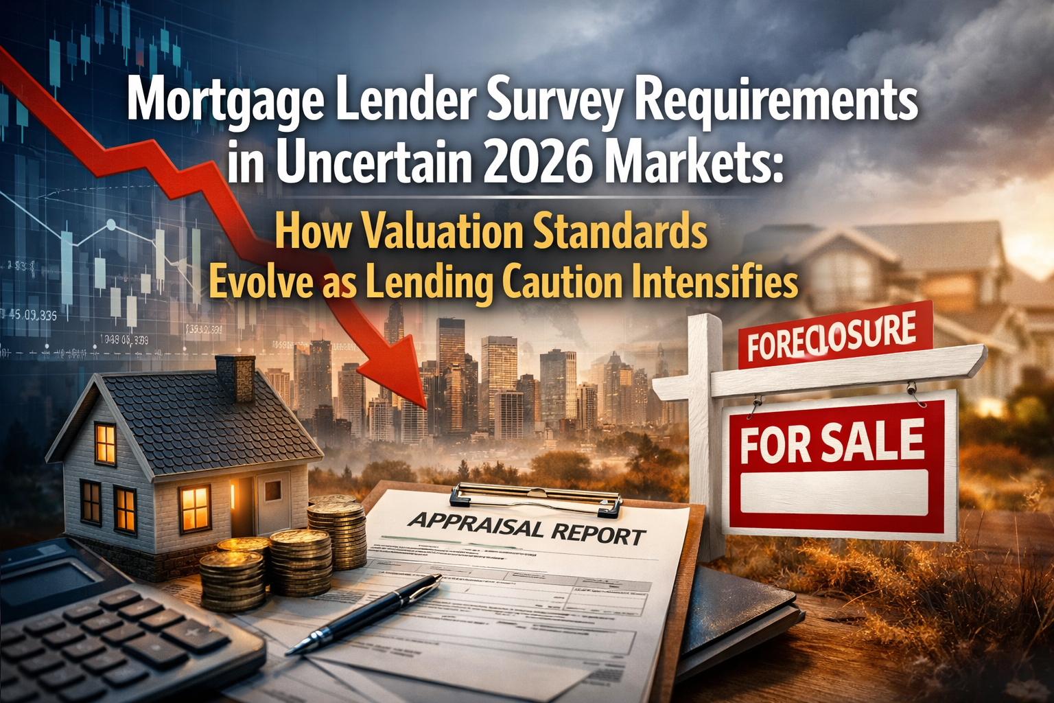 Professional landscape hero image () with : "Mortgage Lender Survey Requirements in Uncertain 2026 Markets: How Valuation