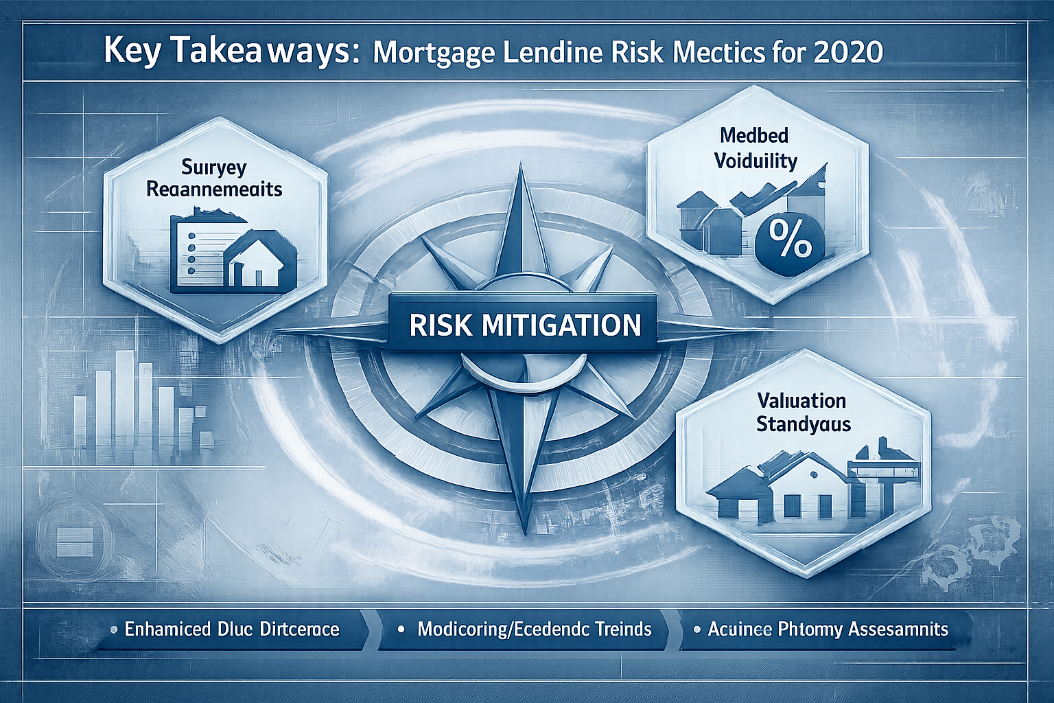 Key Takeaways section infographic: Layered, translucent data visualization showing mortgage lending risk metrics for 2026,