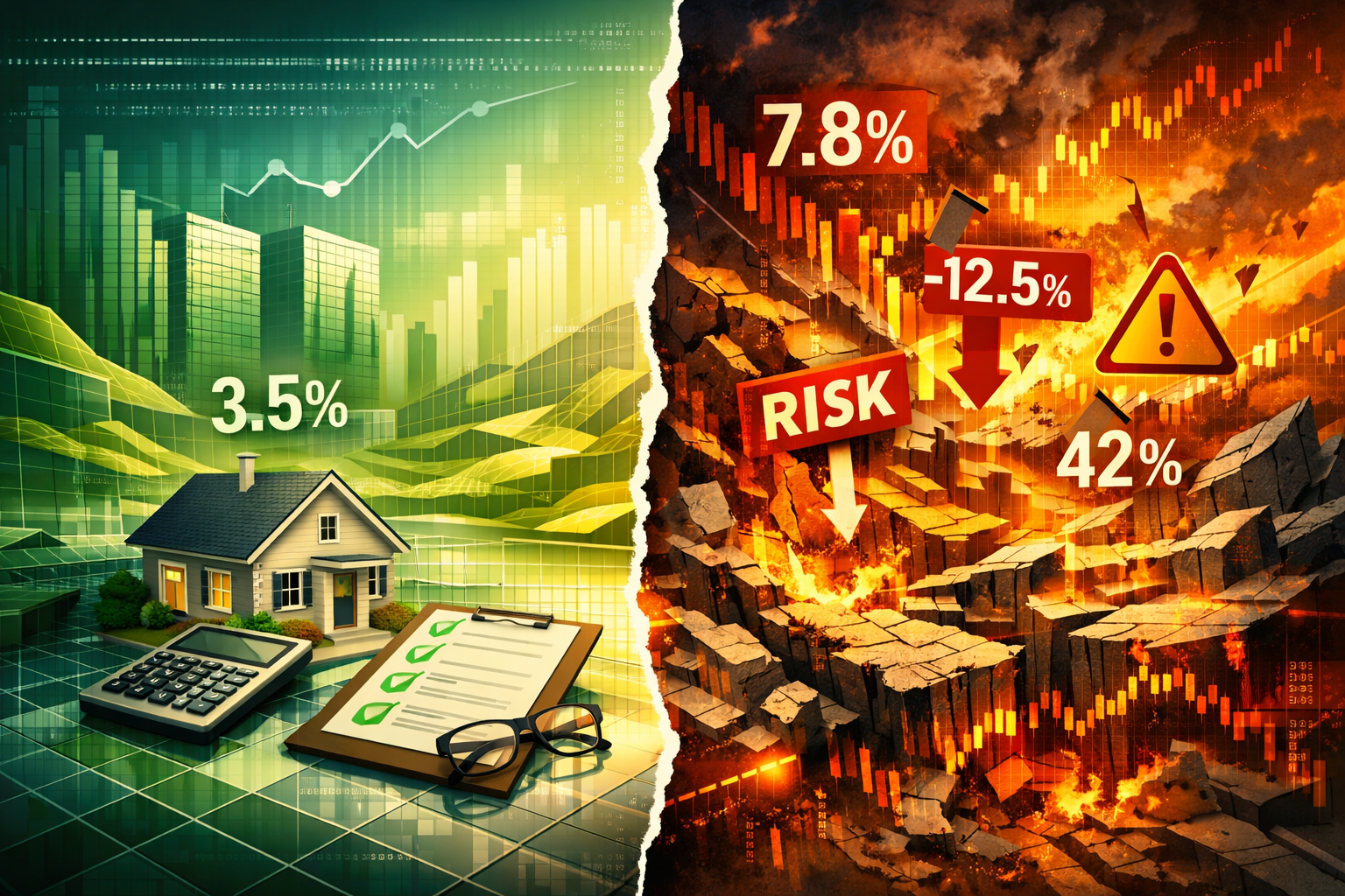 Why Lender Caution Is Reshaping Survey Expectations: Dramatic split-screen visualization depicting a turbulent financial