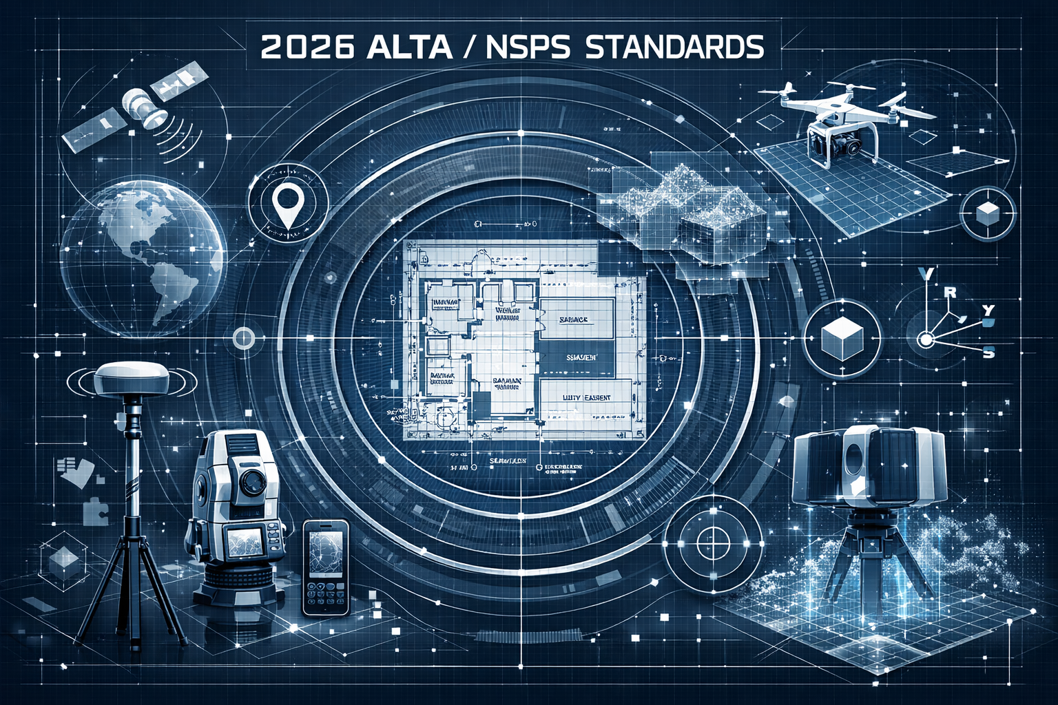 2026 ALTA/NSPS Standards section: Precision engineering-style infographic showcasing survey measurement standards evolution.