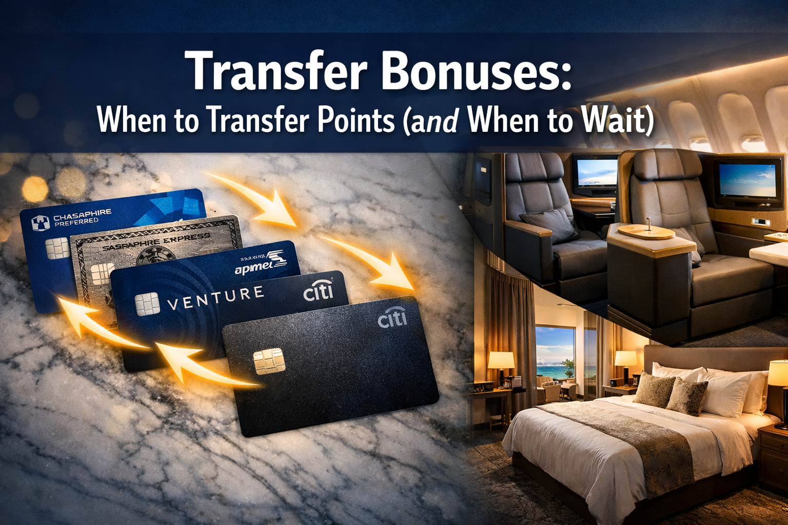 Transfer Bonuses: When to Transfer Points (and When to Wait) Professional landscape hero image (1536x1024) featuring bold text overlay 'Transfer Bonuses: When to Transfer Points (and When to Wait)' in