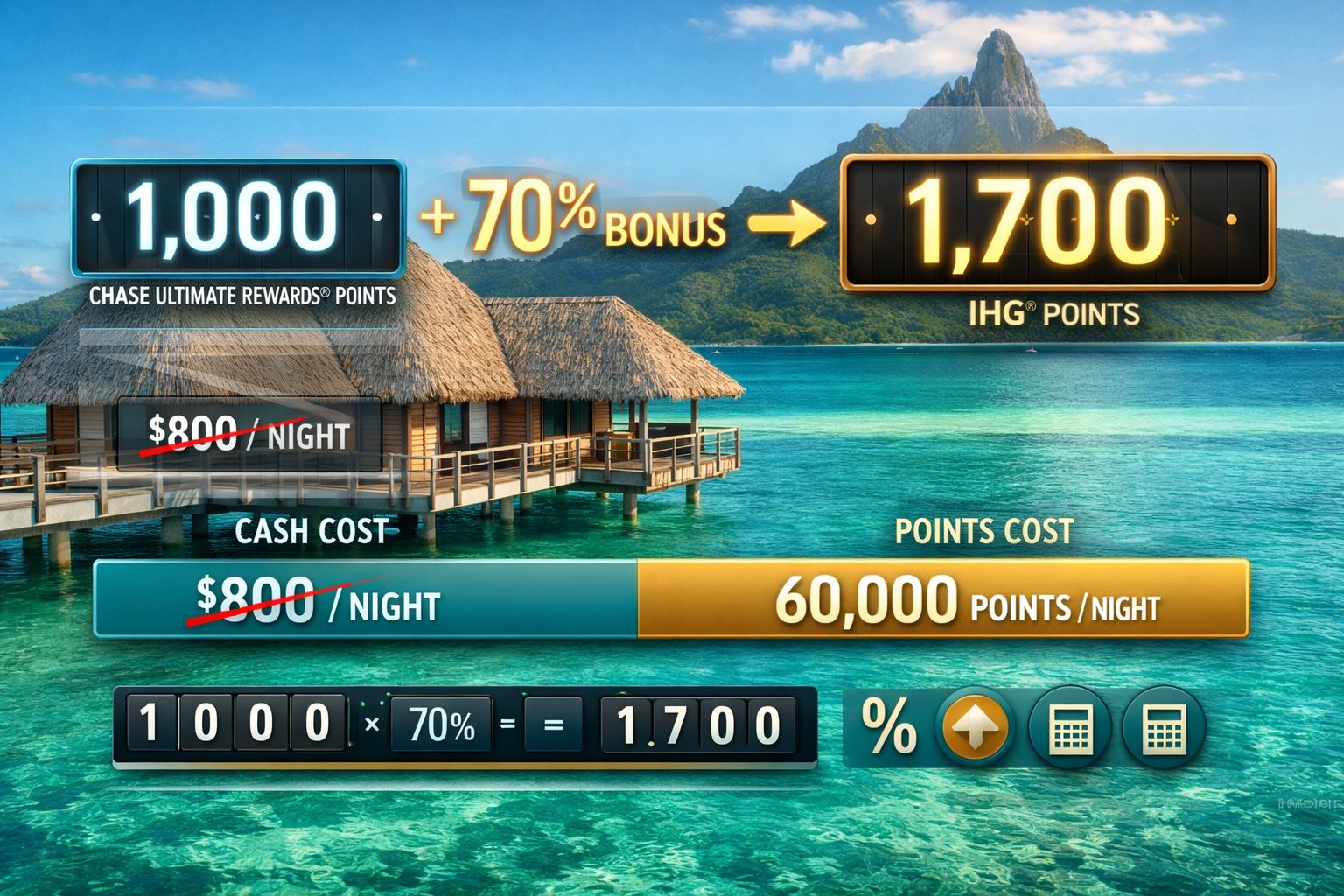 Transfer Bonuses: When to Transfer Points (and When to Wait) Detailed infographic-style illustration (1536x1024) showing transfer bonus math calculation with visual equation: 1,000 Chase Ultimate Rewar