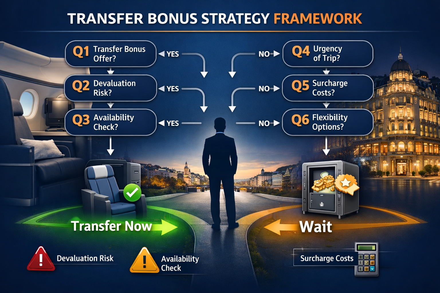Transfer Bonuses: When to Transfer Points (and When to Wait) Professional decision framework flowchart visualization (1536x1024) displaying six connected decision nodes labeled Q1 through Q6 with yes/n