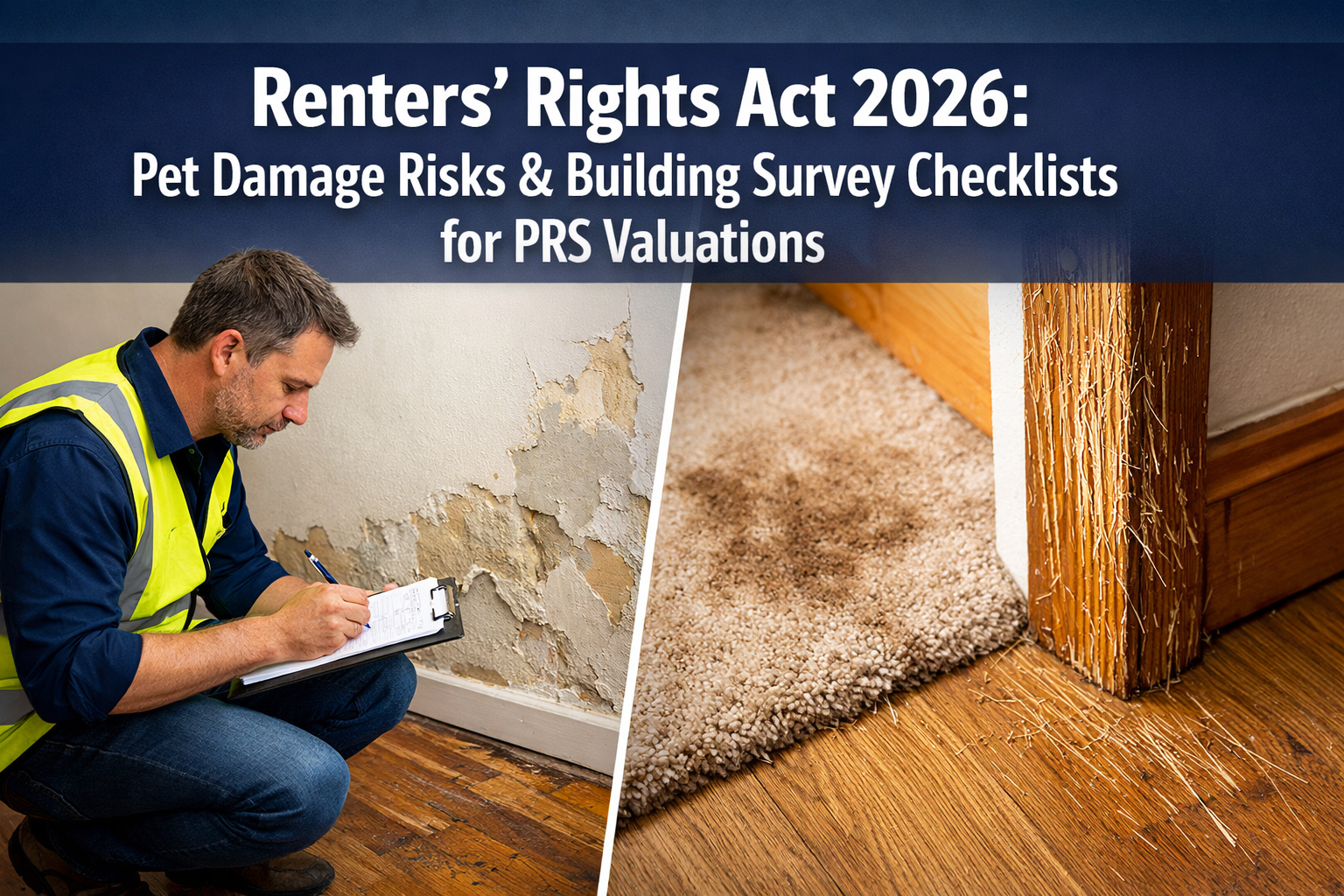 Professional () hero image with 'Renters' Rights Act 2026: Pet Damage Risks & Building Survey Checklists for PRS Valuations'