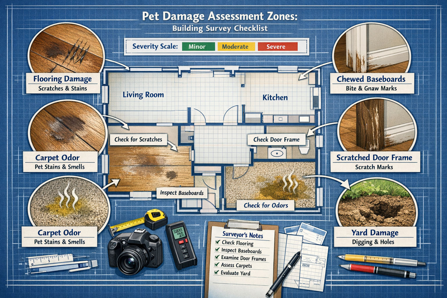 () comprehensive building survey checklist visualization displayed as annotated floor plan showing pet damage assessment