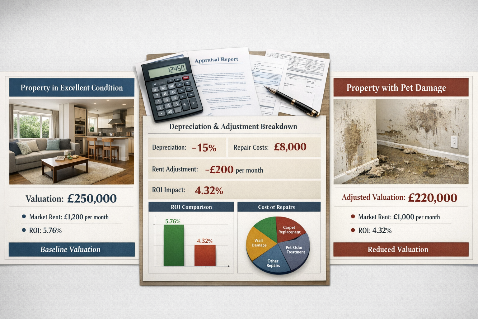 () property valuation adjustment comparison showing side-by-side rental property assessments. Left panel displays pristine