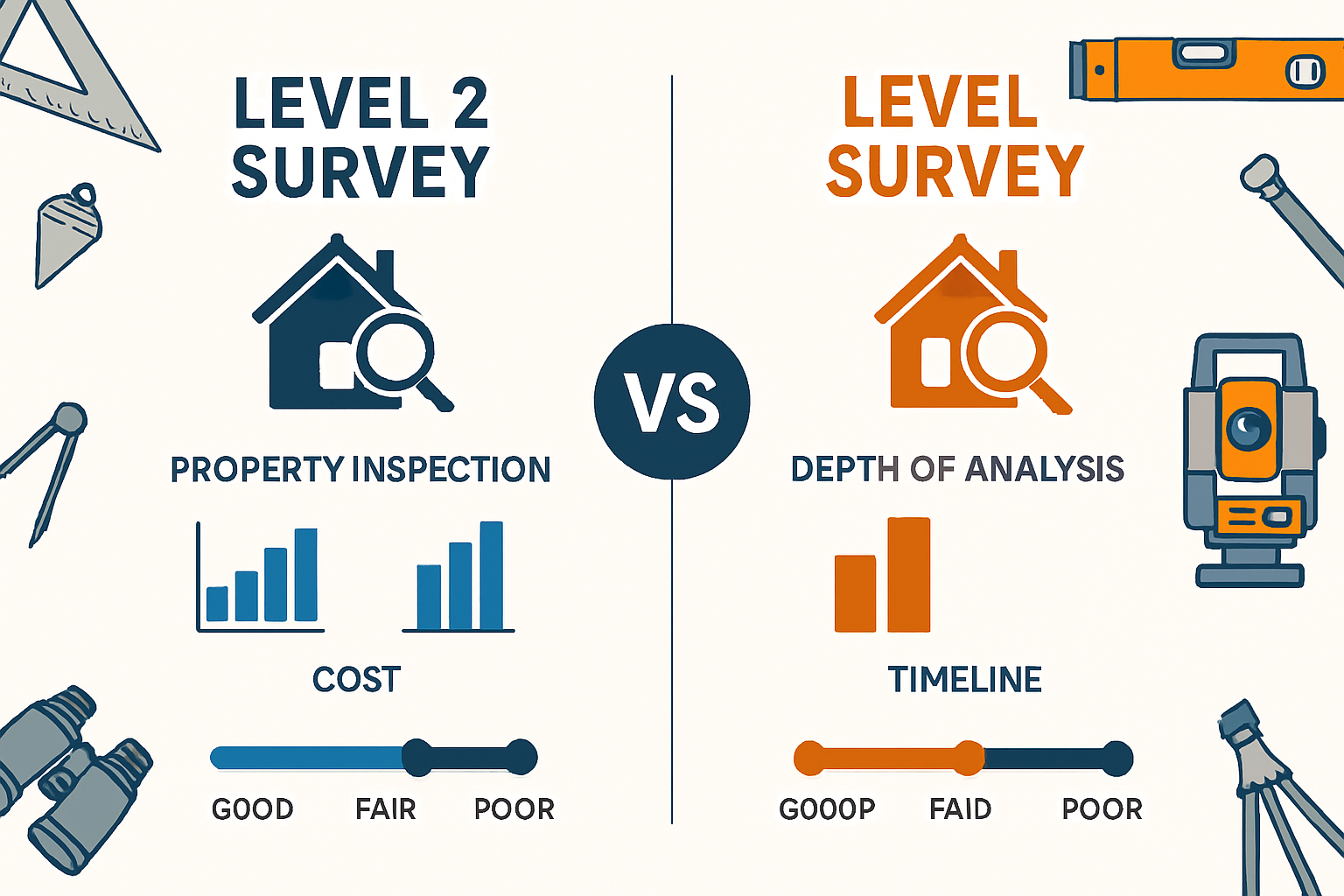 Detailed comparison infographic showing Level 2 survey characteristics on left side and Level 3 survey features on right side, connected by