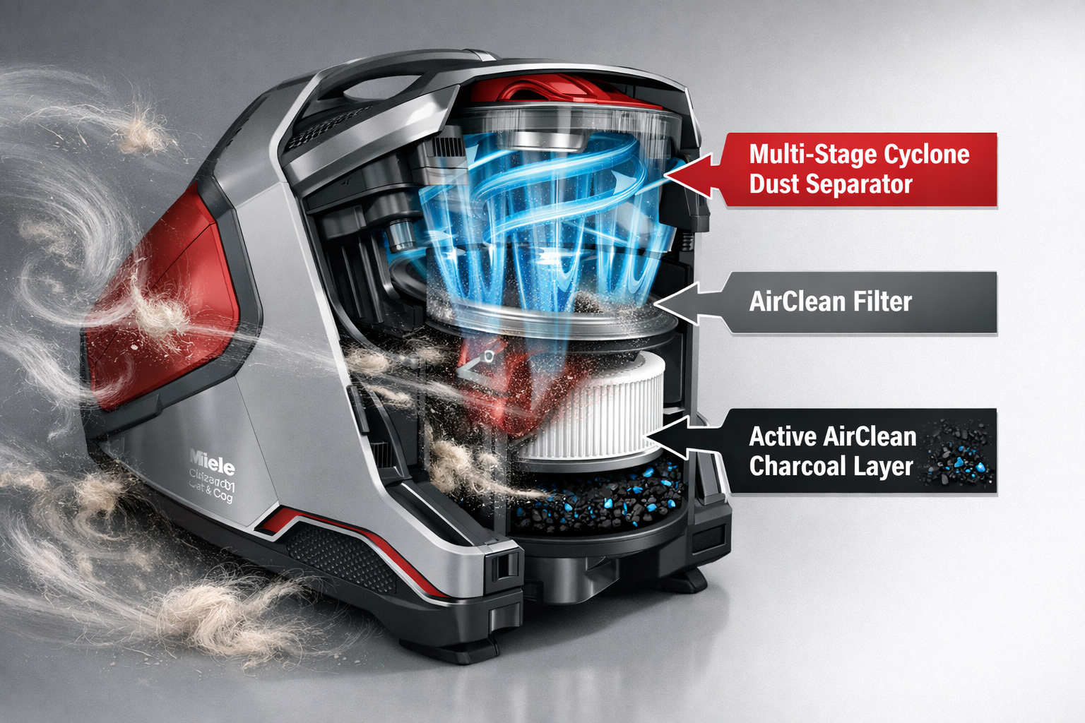 Miele Blizzard CX1 Cat & Dog Detailed landscape format (1536x1024) editorial image showing a close-up cross-section infographic of the Miele Blizzard CX1 Cat & Dog vacuum's Vortex Technology filtration system, with labeled arrows pointing to the multi-stage cyclone dust separator, AirClean filter, and Active AirClean charcoal layer. Surrounding the diagram are visible swirls of pet hair and dander being captured. Color palette: silver, red, white, with clean technical illustration style. Photorealistic product detail on the left, infographic on the right. High resolution, editorial quality.