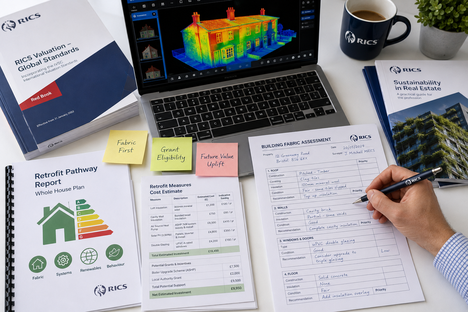 Close-up overhead shot of a surveyor's desk covered with RICS Red Book valuation documents, a laptop showing a 3D thermal