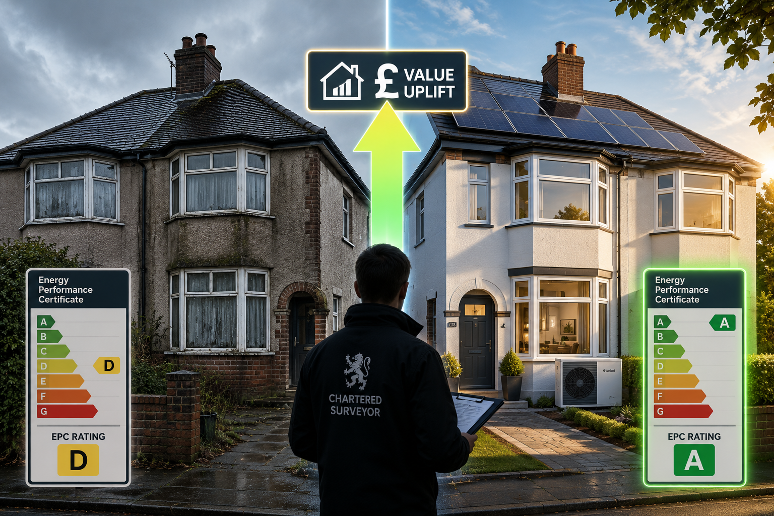 Split-screen landscape image: left side shows a traditional 1930s UK semi-detached house with poor insulation, condensation