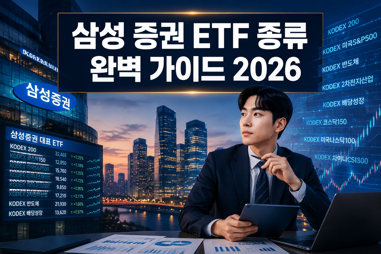 Professional () hero image featuring '삼성 증권 ETF 종류 완벽 가이드 2026' in extra large white with dark semi-transparent background