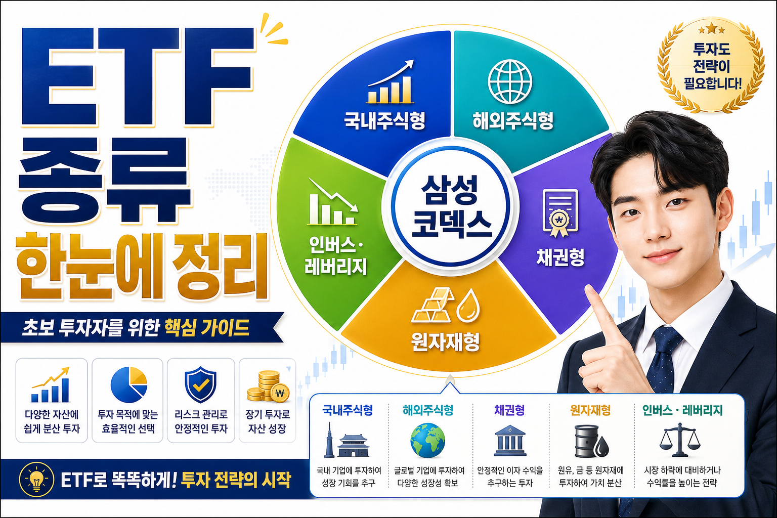 Infographic-style landscape image () showing a colorful ETF category wheel diagram with Korean labels: '국내주식형', '해외주식형',