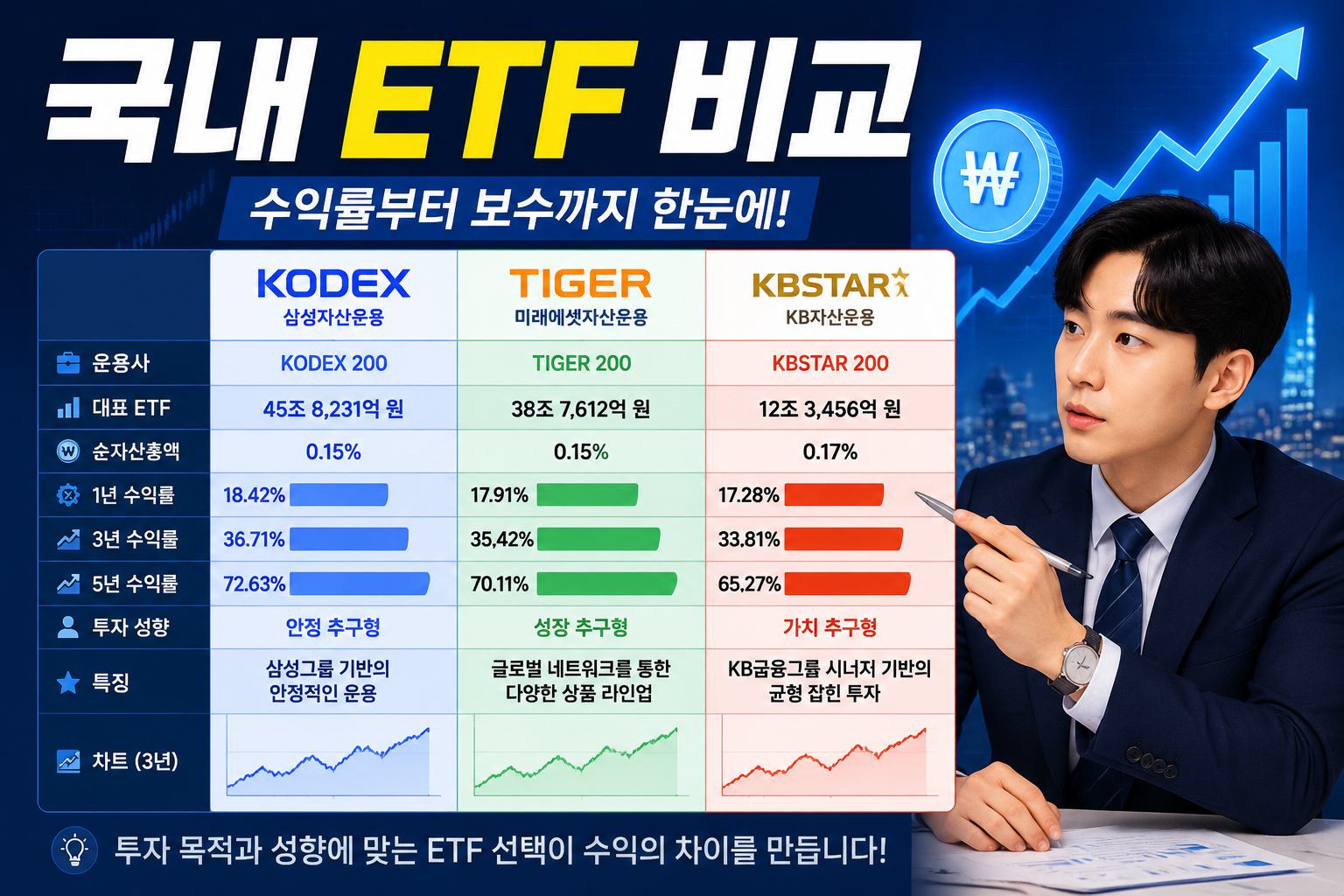 Detailed landscape image () showing side-by-side comparison table graphic with Korean headers '국내 ETF 비교' featuring KODEX,