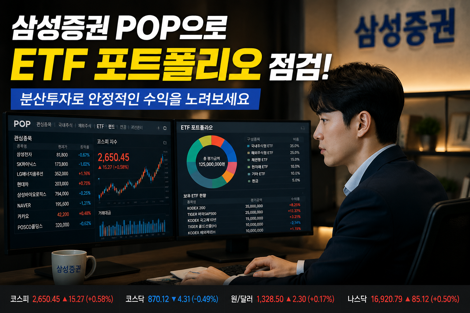 Dynamic landscape image () showing a Korean investor at a modern desk viewing Samsung Securities POP trading platform on