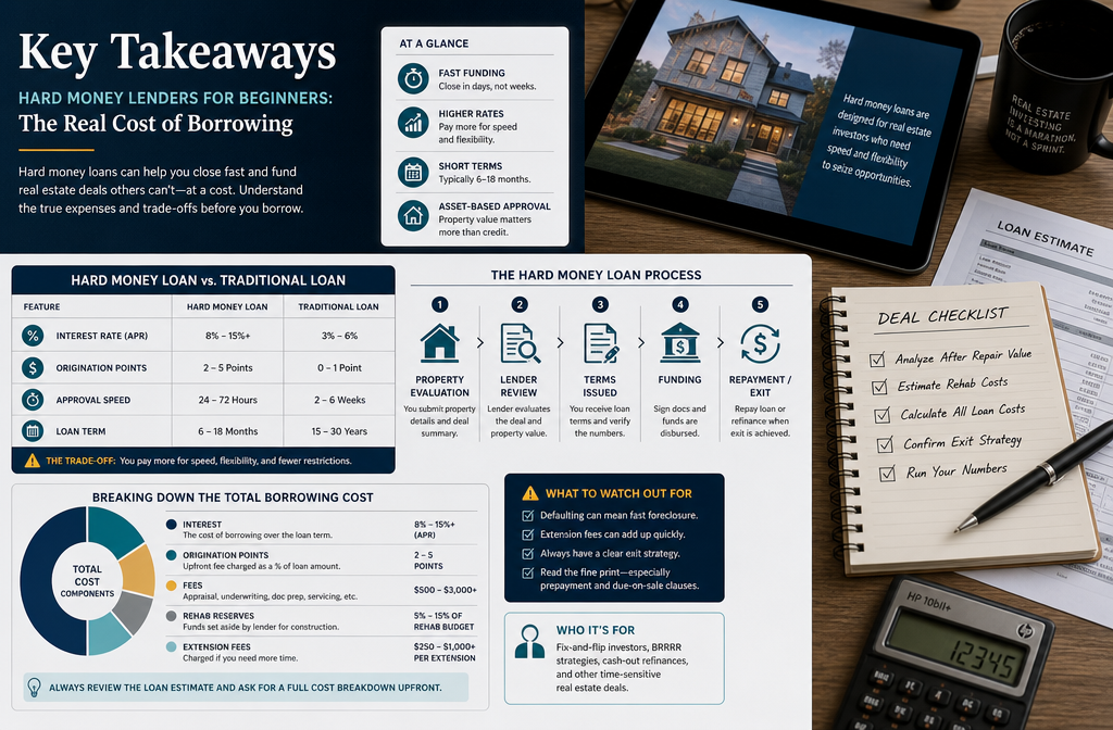 Professional infographic for article "Hard Money Lenders for Beginners: The Real Cost of Borrowing", section: "Key