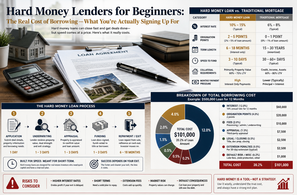 Professional infographic for article "Hard Money Lenders for Beginners: The Real Cost of Borrowing", section: "Hard Money